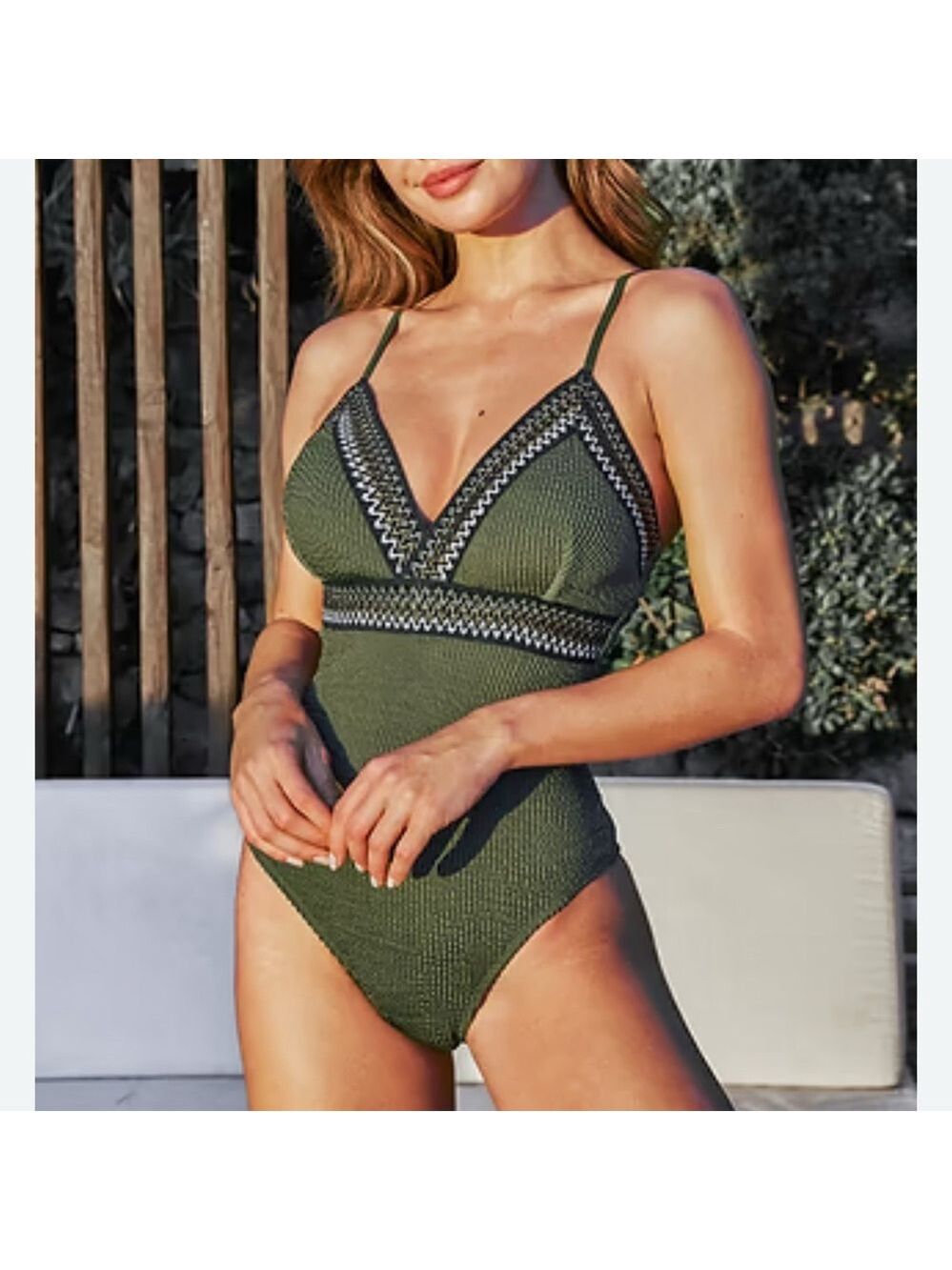 Cupshe nwt army Green ribbed One-Piece Swimsuit Zigzag Trim adjustable strap Med